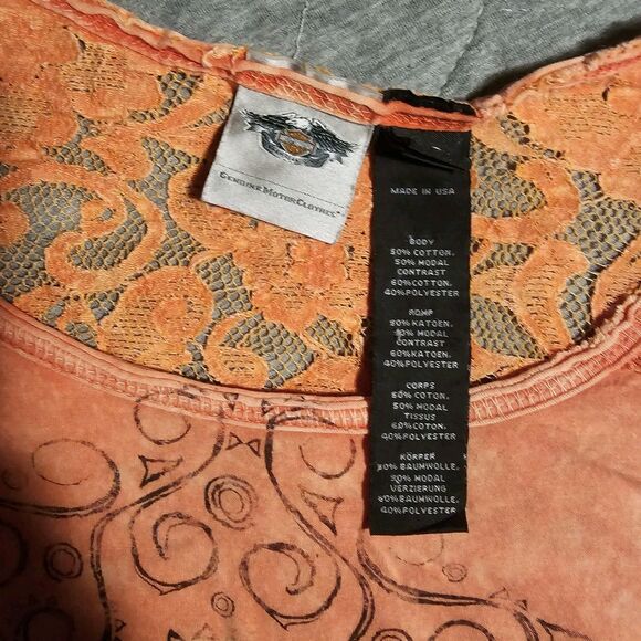 Harley Davidson Sz L Restless Spirit Short Sleeve Lace Stud Tee Coral Pink USA - Picture 3 of 5